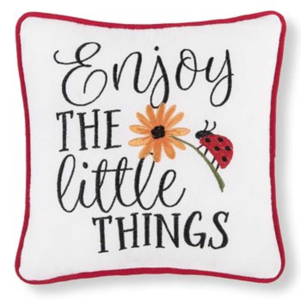 NWT White & Red 'Enjoy the Little Things' Ladybug Embroidered Throw Pillow